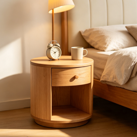 Small Round Bedside Table with Practical Storage